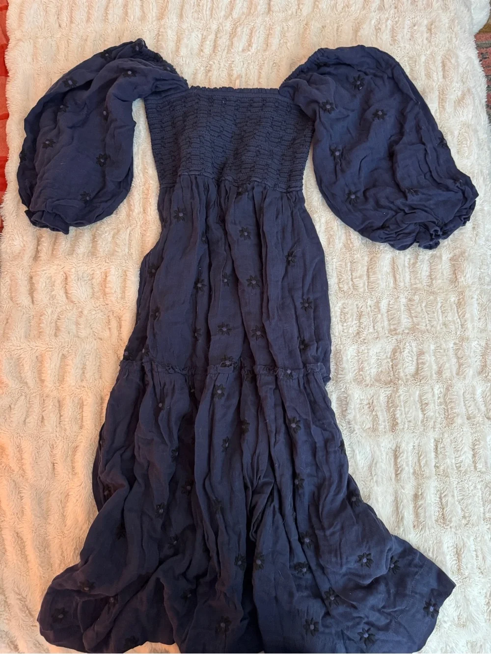 Free People Navy Smocked Bodice Maxi Dress with Puff Sleeves